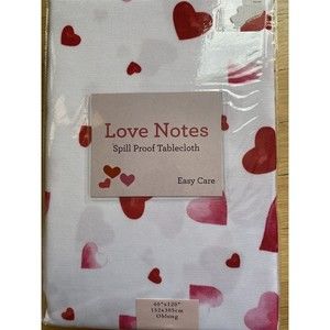NEW 60 X 104 OBLONG TABLECLOTH KISS HEARTS WHITE RED PINK DATE NIGHT SPILL PROOF